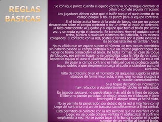 Se consigue punto cuando el equipo contrario no consigue controlar el balón o comete alguna infracción:Los jugadores deben evitar que el balón toque el suelo dentro de su campo porque si no, es punto para el equipo contrario.Si el balón acaba fuera de la pista de juego, sea por un ataque desacertado sobre el campo contrario o por un error al tratar de defender. La falta corresponde al jugador y al equipo que tocó el balón por última vez, y se anota punto el contrario. Se considera fuera el contacto con el techo, público o cualquier elemento del pabellón, o los mismos colegiados. El contacto con la red, postes o varillas por la parte exterior a las bandas laterales es también fuera.No es válido que un equipo supere el número de tres toques permitidos sin haberlo pasado al campo contrario o que un mismo jugador toque dos veces de forma consecutiva el balón. De todas formas, en caso de toque del bloqueo, ese primer toque no se contabiliza para la falta de los cuatro toques de equipo ni para el doble individual. Cuando el balón da en la red sin pasar a campo contrario es habitual que se produzca cuarto toque, dobles o que simplemente caiga al suelo anotándose punto el contrario.Falta de rotación: Si en el momento del saque los jugadores están situados de forma incorrecta, o sea, que no está ajustada a la rotación correspondiente.Si el toque del balón es incorrecto y hay retención o acompañamiento (dobles en este caso).Un jugador zaguero, no puede atacar más allá de la línea de ataque. El líbero no puede participar de ningún modo en el bloqueo y tiene restringido el ataque como ya se ha visto.No se permite la penetración por debajo de la red si interfiere con el juego del contrario o si un pie traspasa completamente la línea central.Está permitido el contacto con la red siempre que no interfiera con el juego: no se puede obtener ventaja ni obstaculizar al contrario empleando la red. No se puede tocar ni la banda superior ni la parte superior de las varillas al jugar el balón.REGLAS BÁSICAS