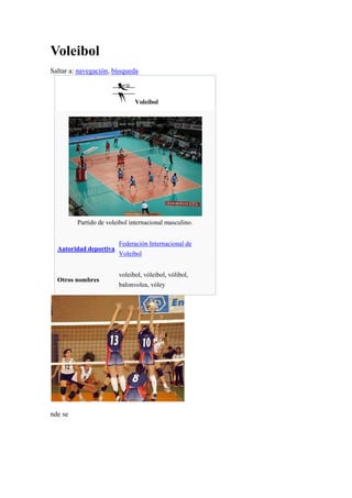 Voleibol
Saltar a: navegación, búsqueda



                               Voleibol




         Partido de voleibol internacional masculino.


                        Federación Internacional de
  Autoridad deportiva
                        Voleibol


                        voleibol, vóleibol, vólibol,
  Otros nombres
                        balonvolea, vóley




nde se
 