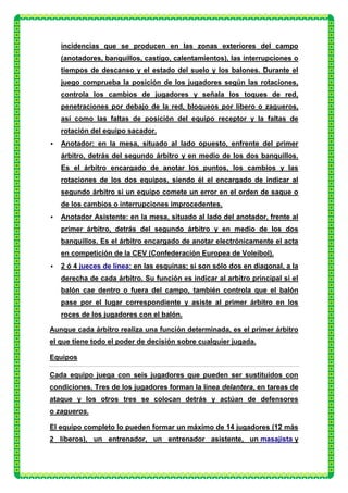 incidencias que se producen en las zonas exteriores del campo
    (anotadores, banquillos, castigo, calentamientos), las interrupciones o
    tiempos de descanso y el estado del suelo y los balones. Durante el
    juego comprueba la posición de los jugadores según las rotaciones,
    controla los cambios de jugadores y señala los toques de red,
    penetraciones por debajo de la red, bloqueos por líbero o zagueros,
    así como las faltas de posición del equipo receptor y la faltas de
    rotación del equipo sacador.
   Anotador: en la mesa, situado al lado opuesto, enfrente del primer
    árbitro, detrás del segundo árbitro y en medio de los dos banquillos.
    Es el árbitro encargado de anotar los puntos, los cambios y las
    rotaciones de los dos equipos, siendo él el encargado de indicar al
    segundo árbitro si un equipo comete un error en el orden de saque o
    de los cambios o interrupciones improcedentes.
   Anotador Asistente: en la mesa, situado al lado del anotador, frente al
    primer árbitro, detrás del segundo árbitro y en medio de los dos
    banquillos. Es el árbitro encargado de anotar electrónicamente el acta
    en competición de la CEV (Confederación Europea de Voleibol).
   2 ó 4 jueces de línea: en las esquinas; si son sólo dos en diagonal, a la
    derecha de cada árbitro. Su función es indicar al arbitro principal si el
    balón cae dentro o fuera del campo, también controla que el balón
    pase por el lugar correspondiente y asiste al primer árbitro en los
    roces de los jugadores con el balón.

Aunque cada árbitro realiza una función determinada, es el primer árbitro
el que tiene todo el poder de decisión sobre cualquier jugada.

Equipos

Cada equipo juega con seis jugadores que pueden ser sustituidos con
condiciones. Tres de los jugadores forman la línea delantera, en tareas de
ataque y los otros tres se colocan detrás y actúan de defensores
o zagueros.

El equipo completo lo pueden formar un máximo de 14 jugadores (12 más
2 líberos), un entrenador, un entrenador asistente, un masajista y
 