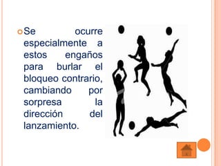  Se         ocurre
 especialmente a
 estos     engaños
 para burlar el
 bloqueo contrario,
 cambiando      por
 sorpresa        la
 dirección      del
 lanzamiento.
 