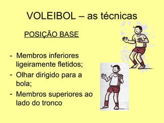 VOLEIBOL – as técnicas
POSIÇÃO BASE
- Membros inferiores
ligeiramente fletidos;
- Olhar dirigido para a
bola;
- Membros superiores ao
lado do tronco
 