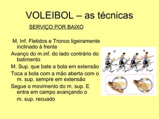 VOLEIBOL – as técnicas
SERVIÇO POR BAIXO
M. Inf. Fletidos e Tronco ligeiramente
inclinado à frente
Avanço do m.inf. do lado contrário do
batimento
M. Sup. que bate a bola em extensão
Toca a bola com a mão aberta com o
m. sup. sempre em extensão
Segue o movimento do m. sup. E
entra em campo avançando o
m. sup. recuado
 