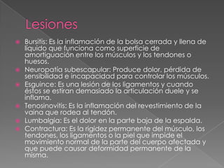 Bursitis: Es la inflamación de la bolsa cerrada y llena de
líquido que funciona como superficie de
amortiguación entre los músculos y los tendones o
huesos.
 Neuropatía subescapular: Produce dolor, pérdida de
sensibilidad e incapacidad para controlar los músculos.
 Esguince: Es una lesión de los ligamentos y cuando
éstos se estiran demasiado la articulación duele y se
inflama.
 Tenosinovitis: Es la inflamación del revestimiento de la
vaina que rodea al tendón.
 Lumbalgia: Es el dolor en la parte baja de la espalda.
 Contractura: Es la rigidez permanente del músculo, los
tendones, los ligamentos o la piel que impide el
movimiento normal de la parte del cuerpo afectada y
que puede causar deformidad permanente de la
misma.
 