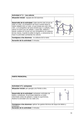 Actividad nº 2 : Los colores
Situación inicial: equipos de 5/6 alumnos
Desarrollo de la actividad: Cada alumno del círculo se
elige un color, el compañero de fuera cuando éstos lo
hayan elegido dirá un color, el que tenga ese color dirá
¡YO!, y el compañero de fuera tendrá que ir a pillarle. Éste
último no tiene que ser pillado, y para ello, deberá ir
dando vueltas en circulo con sus compañeros sin soltarse
de las manos. Cuando le pillan la ligará, y volveremos ha
hacer la actividad cambiando los colores
Consignas a los alumnos: no soltarse de la mano
Duración de la actividad: 5 minutos
PARTE PRINCIPAL.
Actividad nº1: autopases
Situación inicial: por parejas uno frente a otro.
Desarrollo de la actividad: autopases verticales de
dedos y antebrazo. Al principio dejamos un bote
intermedio antes de golpear y luego lo suprimimos.
Realiza la actividad una vez cada uno.
Consignas a los alumnos: aplicar los gestos técnicos de toque de dedos y
antebrazo.
Duración de la actividad: 3 minutos
34
 