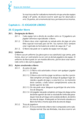 Regras do Voleibol

Se essa troca não for realizada no momento em que uma das equipes
atingir o 8º ponto, ela deverá ocorrer assim que for observado o
erro. Os pontos, até o momento da troca, permanecem os mesmos.

Capítulo 6 – O JOGADOR LÍBERO
20. O jogador líbero
20.1. Designação do líbero
20.1.1. Cada equipe tem o direito de escolher entre os 12 jogadores um
jogador defensivo especializado: o líbero.
20.1.2. O líbero deve estar registrado na súmula antes do jogo em uma
linha especial reservada para tal fim. Seu número deve também
estar registrado no formulário de ordem de saque do 1º set.
20.1.3. O líbero não pode ser o capitão da equipe nem do jogo.
20.2. Uniforme
O líbero usa um uniforme (ou jaleco para o seu substituto) cuja camisa, pelo
menos, deve ser contrastante na cor com os demais jogadores da equipe. O
uniforme do libero pode ter um modelo diferente, porém deve estar numerado como o dos outros jogadores.
20.3. Ações envolvendo o líbero
20.3.1. As ações de jogo
20.3.1.1. O líbero está autorizado a trocar com qualquer jogador
de defesa.
20.3.1.2. O líbero está restrito a jogar na defesa e não lhe é permitido completar um toque de ataque de qualquer lugar (incluindo a quadra de jogo e a zona livre) se, no momento
deste contato, a bola estiver completamente acima do
bordo superior da rede.
20.3.1.3. Ele não pode sacar, bloquear ou participar de uma tentativa de bloqueio.
20.3.1.4. Um jogador não pode completar um toque de ataque acima
do bordo superior da rede se esta bola lhe tenha sido passada por meio de um toque com os dedos do líbero, de dentro
da zona de ataque. A bola pode ser livremente atacada se o
líbero faz feito a mesma ação atrás da zona de ataque.
20.3.2. Troca de jogadores
20.3.2.1. A troca envolvendo o líbero não é computada como substituição normal. Elas são ilimitadas, mas deve ocorrer um

32

 