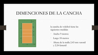 DIMENCIONES DE LA CANCHA
la cancha de voleibol tiene las
siguientes medidas
• Ancho 9 metros
• Largo 18 metros
• Altura de la malla 2.43 mts varonil
y 2.24 femenil
 