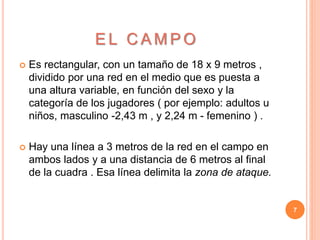 E L C A M P O
 Es rectangular, con un tamaño de 18 x 9 metros ,
dividido por una red en el medio que es puesta a
una altura variable, en función del sexo y la
categoría de los jugadores ( por ejemplo: adultos u
niños, masculino -2,43 m , y 2,24 m - femenino ) .
 Hay una línea a 3 metros de la red en el campo en
ambos lados y a una distancia de 6 metros al final
de la cuadra . Esa línea delimita la zona de ataque.
7
 