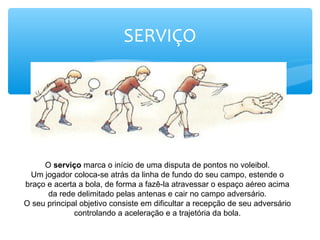 SERVIÇO
O serviço marca o início de uma disputa de pontos no voleibol.
Um jogador coloca-se atrás da linha de fundo do seu campo, estende o
braço e acerta a bola, de forma a fazê-la atravessar o espaço aéreo acima
da rede delimitado pelas antenas e cair no campo adversário.
O seu principal objetivo consiste em dificultar a recepção de seu adversário
controlando a aceleração e a trajetória da bola.
 