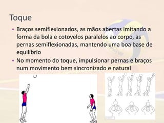 Toque
• Braços semiflexionados, as mãos abertas imitando a
forma da bola e cotovelos paralelos ao corpo, as
pernas semiflexionadas, mantendo uma boa base de
equilíbrio
• No momento do toque, impulsionar pernas e braços
num movimento bem sincronizado e natural
 