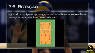 7.6. Rotação
• Quando a equipe receptora ganha o direito de sacar, os jogadores
avançam uma posição no sentido horário
 