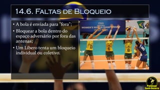 14.6. Faltas de Bloqueio
• A bola é enviada para "fora";
• Bloquear a bola dentro do
espaço adversário por fora das
antenas;
• Um Líbero tenta um bloqueio
individual ou coletivo.
 