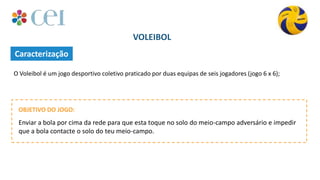 Caracterização
VOLEIBOL
O Voleibol é um jogo desportivo coletivo praticado por duas equipas de seis jogadores (jogo 6 x 6);
Enviar a bola por cima da rede para que esta toque no solo do meio-campo adversário e impedir
que a bola contacte o solo do teu meio-campo.
OBJETIVO DO JOGO:
 