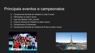 Principais eventos e campeonatos
❏ Campeonato Mundial de Voleibol (a cada 4 anos)
❏ Olimpíadas (a cada 4 anos)
❏ Liga das Nações (VNL) (anual)
❏ Copa do Mundo de Voleibol (a cada 4 anos)
❏ Campeonatos Continentais
❏ Campeonato Mundial de Voleibol de Praia (a cada 2 anos)
 