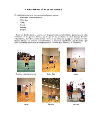 IV. FUNDAMENTOS TÉCNICOS DEL VOLEIBOL
El voleibol se compone de seis movimientos técnicos básicos:
- Posiciones y desplazamientos
- Golpe bajo
- Voleo
- Saque
- Remate
- Bloqueo
Cada uno de ellos tiene su variante, con desplazamientos característicos y posiciones que están
intrínsecos en la ejecución técnica, por lo que en su enseñanza es difícil tratarlos de forma
independiente, ahora bien, existen ciertas posiciones o posturas del cuerpo que como fundamentos
técnicos básicos, son comunes y característicos a la motricidad especifica del juego de voleibol y por
tanto se tendrán que considerar de forma relevante al comienzo de la enseñanza de este deporte.
Posición y desplazamientos
Saque
Golpe Bajo
Remate
Voleo
Bloqueo
 