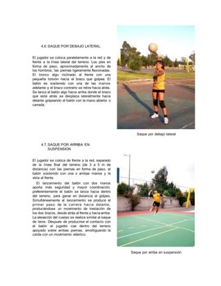 4.6. SAQUE POR DEBAJO LATERAL
El jugador se coloca paralelamente a la red y de
frente a la línea lateral del terreno. Los pies en
forma de paso, aproximadamente al ancho de
los hombros, las piernas ligeramente flexionadas.
El tronco algo inclinado al frente con una
pequeña torsión hacia el brazo que golpea. El
balón es sostenido con una de las manos
adelante y el brazo contrario se retira hacia atrás.
Se lanza el balón algo hacia arriba donde el brazo
que está atrás se desplaza lateralmente hacia
delante golpeando el balón con la mano abierta o
cerrada.
4.7. SAQUE POR ARRIBA EN
SUSPENSION
El jugador se coloca de frente a la red, separado
de la línea final del terreno (de 3 a 5 m de
distancia) con las piernas en forma de paso, el
balón sostenido con una o ambas manos y la
vista al frente.
El lanzamiento del balón con dos manos
aporta más seguridad y mayor coordinación,
preferentemente el balón se lanza hacia dentro
del terreno, para ganar en distancia al golpeo.
Simultáneamente al lanzamiento se produce el
primer paso de la carrera hacia delante,
produciéndose un movimiento de traslación de
los dos brazos, desde atrás al frente y haciaarriba.
La elevación del cuerpo se realiza similar al saque
de tenis. Después de producirse el contacto con
el balón el jugador cae dentro del terreno
apoyado sobre ambas piernas, amortiguando la
caída con un movimiento elástico.
Saque por debajo lateral
Saque por arriba en suspensión
 