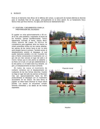 6. BLOQUEO
Este es el elemento más eficaz de la defensa del campo, su ejecución de manera efectiva es decisiva
para el resultado final de los juegos, principalmente en la rama varonil. Es un fundamento físico
táctico más que físico técnico. Su ejecución técnica es relativamente fácil.
6.1. POSTURA Y MOVIMIENTOS PARA LA
PREPARACIÓN DEL BLOQUEO
El jugador se sitúa aproximadamente a 50 cm.
de la red, pies paralelos y separados al ancho de
los hombros, piernas semiflexionadas. Tronco
ligeramente inclinado al frente, brazos flexio-
nados delante del cuerpo. En técnica de
competencia para jugadores altos los brazos se
sitúan extendidos arriba con las manos abiertas,
las palmas de las manos hacia la red. La vista
está dirigida hacia el contrario. También existe el
desplazamiento anterior al despegue, el cual
puede realizarse paralelo a la red, cruzando los
pies al frente comenzando el movimiento con un
giro del píe más cercano al lugar del salto o al
mismo tiempo que la otra pierna se adelanta y
se frena con el pié, el cual gira adelantándose a
la otra pierna o si el balón está muy distante, se
gira y el desplazamiento se hace corriendo.
En todos los casos el movimiento de
contacto comienza con el desplazamiento en
cualquiera de las tres formas descritas. Cuando
se llega al lugar del salto las piernas se flexionan
más aún (aproximadamente hasta los 90°)
produciéndose el despegue con un movimiento
ascendente de los brazos. De esta forma el
jugador se eleva hasta alcanzar la mayor altura
posible. Los brazos se encuentran comple-
tamente extendidos y los dedos de las manos
separados.
Posición inicial
Impulso
 