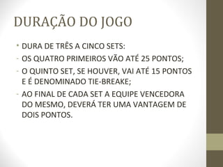 DURAÇÃO DO JOGO
• DURA DE TRÊS A CINCO SETS:
- OS QUATRO PRIMEIROS VÃO ATÉ 25 PONTOS;
- O QUINTO SET, SE HOUVER, VAI ATÉ 15 PONTOS
  E É DENOMINADO TIE-BREAKE;
- AO FINAL DE CADA SET A EQUIPE VENCEDORA
  DO MESMO, DEVERÁ TER UMA VANTAGEM DE
  DOIS PONTOS.
 