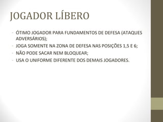 JOGADOR LÍBERO
- ÓTIMO JOGADOR PARA FUNDAMENTOS DE DEFESA (ATAQUES
  ADVERSÁRIOS);
- JOGA SOMENTE NA ZONA DE DEFESA NAS POSIÇÕES 1,5 E 6;
- NÃO PODE SACAR NEM BLOQUEAR;
- USA O UNIFORME DIFERENTE DOS DEMAIS JOGADORES.
 