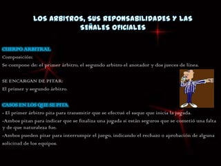Composición:
Se compone de: el primer árbitro, el segundo arbitro el anotador y dos jueces de línea.

SE ENCARGAN DE PITAR:
El primer y segundo árbitro.



- El primer árbitro pita para transmitir que se efectué el saque que inicia la jugada.
-Ambos pitan para indicar que se finaliza una jugada si están seguros que se cometió una falta
y de que naturaleza fue.
-Ambos pueden pitar para interrumpir el juego, indicando el rechazo o aprobación de alguna
solicitud de los equipos.
 