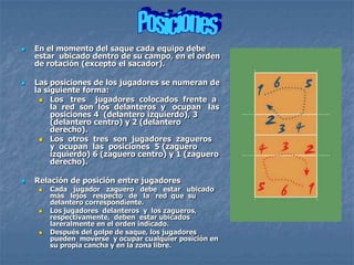    En el momento del saque cada equipo debe
    estar ubicado dentro de su campo, en el orden
    de rotación (excepto el sacador).

   Las posiciones de los jugadores se numeran de
    la siguiente forma:
      Los tres     jugadores colocados frente a
         la red son los delanteros y ocupan las
         posiciones 4 (delantero izquierdo), 3
         (delantero centro) y 2 (delantero
         derecho).
      Los otros tres son jugadores zagueros
         y ocupan las posiciones 5 (zaguero
         izquierdo) 6 (zaguero centro) y 1 (zaguero
         derecho).

   Relación de posición entre jugadores
        Cada jugador zaguero debe estar ubicado
         más lejos respecto de la red que su
         delantero correspondiente.
        Los jugadores delanteros y los zagueros,
         respectivamente, deben estar ubicados
         lareralmente en el orden indicado.
        Después del golpe de saque, los jugadores
         pueden moverse y ocupar cualquier posición en
         su propia cancha y en la zona libre.
 