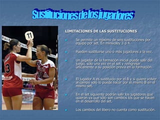 LIMITACIONES DE LAS SUSTITUCIONES

   Se permite un máximo de seis sustituciones por
    equipo por set. En minivoley 3 ó 4.

   Pueden sustituirse uno o más jugadores a la vez.

   Un jugador de la formación inicial puede salir del
    juego, sólo una vez en el set y reingresar
    únicamente a su posición previa en la formación.


   El jugador A es sustituido por el B y si quiere volver
    al campo sólo lo puede hacer por el mismo B en el
    mismo set.

   En el set siguiente podrán salir los jugadores que
    quieran ya que sólo son cambios los que se hacen
    en el desarrollo del set.

   Los cambios del libero no cuenta como sustitución.
 
