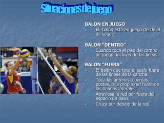 BALON EN JUEGO
   El balón está en juego desde el
    de saque .

BALON “DENTRO”
   Cuando toca el piso del campo
    de juego, incluyendo las líneas.

BALON “FUERA”
   El balón que toca el suelo fuera
    de las líneas de la cancha.
   Toca las antenas, cuerdas,
    postes, o la propia red fuera de
    las bandas laterales;
   Atraviesa la red por fuera del
    espacio de paso.
   Cruza por debajo de la red.
 