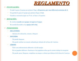  PUNTUACIÓN:
 Un set lo gana el equipo que primero llega a 25 puntos, por una diferencia mínima de 2.
 Un partido lo gana el equipo que primero llega a 3 set.
 Cuando es necesario jugar un 5º set, se hace a 15 puntos.
 ROTACIÓN:
 Se realiza cuando un equipo recupera el saque.
 En sentido favorable a las agujas del reloj.
 POSICIONES
 DELANTERO:
o Acciones de colocación, remate y bloqueo
 ZAGUERO:
o No puede bloquear.
o No puede realizar un remate saltando por delante de la línea de 3 metros.
 LÍBERO:
• Viste una indumentaria diferente a la del equipo.
• Es un jugador defensivo. Sustituye a los jugadores altos que le cuesta trabajo la recepción.
• No puede sacar, bloquear, completar un ataque o colocar por delante de la línea de 3 metros.
REGLAMENTOREGLAMENTO
 