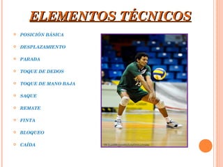  POSICIÓN BÁSICA
 DESPLAZAMIENTO
 PARADA
 TOQUE DE DEDOS
 TOQUE DE MANO BAJA
 SAQUE
 REMATE
 FINTA
 BLOQUEO
 CAÍDA
ELEMENTOS TÉCNICOSELEMENTOS TÉCNICOS
 