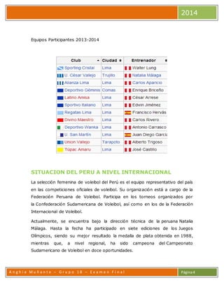 2014 
A n g h i e Mu ñ a n t e – G r u p o 1 8 – E x a m e n F i n a l 
Página 4 
Equipos Participantes 2013-2014 
SITUACION DEL PERU A NIVEL INTERNACIONAL 
La selección femenina de voleibol del Perú es el equipo representativo del país 
en las competiciones oficiales de voleibol. Su organización está a cargo de la 
Federación Peruana de Voleibol. Participa en los torneos organizados por 
la Confederación Sudamericana de Voleibol, así como en los de la Federación 
Internacional de Voleibol. 
Actualmente, se encuentra bajo la dirección técnica de la peruana Natalia 
Málaga. Hasta la fecha ha participado en siete ediciones de los Juegos 
Olímpicos, siendo su mejor resultado la medalla de plata obtenida en 1988, 
mientras que, a nivel regional, ha sido campeona del Campeonato 
Sudamericano de Voleibol en doce oportunidades. 
 