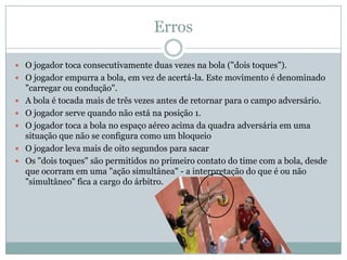 Erros

 O jogador toca consecutivamente duas vezes na bola ("dois toques").
 O jogador empurra a bola, em vez de acertá-la. Este movimento é denominado
    "carregar ou condução".
   A bola é tocada mais de três vezes antes de retornar para o campo adversário.
   O jogador serve quando não está na posição 1.
   O jogador toca a bola no espaço aéreo acima da quadra adversária em uma
    situação que não se configura como um bloqueio
   O jogador leva mais de oito segundos para sacar
   Os "dois toques" são permitidos no primeiro contato do time com a bola, desde
    que ocorram em uma "ação simultânea" - a interpretação do que é ou não
    "simultâneo" fica a cargo do árbitro.
 