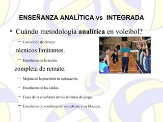 ENSEÑANZA ANALÍTICA vs INTEGRADA
• Cuándo metodología analítica en voleibol?
– Corrección de errores
técnicos limitantes.
– Enseñanza de la acción
completa de remate.
– Mejora de la precisión en colocación.
– Enseñanza de las caídas.
– Fases de la enseñanza de los sistemas de juego.
– Enseñanza de coordinación en defensa y en bloqueo.
 