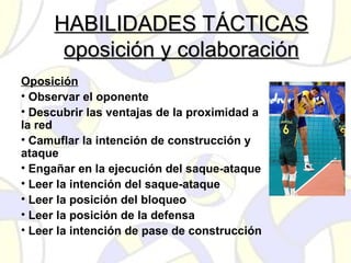 HABILIDADES TÁCTICASHABILIDADES TÁCTICAS
oposición y colaboraciónoposición y colaboración
Oposición
• Observar el oponente
• Descubrir las ventajas de la proximidad a
la red
• Camuflar la intención de construcción y
ataque
• Engañar en la ejecución del saque-ataque
• Leer la intención del saque-ataque
• Leer la posición del bloqueo
• Leer la posición de la defensa
• Leer la intención de pase de construcción
 