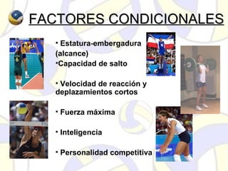 FACTORES CONDICIONALESFACTORES CONDICIONALES
• Estatura-embergadura
(alcance)
•Capacidad de salto
• Velocidad de reacción y
deplazamientos cortos
• Fuerza máxima
• Inteligencia
• Personalidad competitiva
 