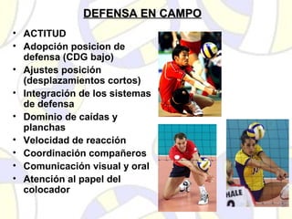 DEFENSA EN CAMPODEFENSA EN CAMPO
• ACTITUD
• Adopción posicion de
defensa (CDG bajo)
• Ajustes posición
(desplazamientos cortos)
• Integración de los sistemas
de defensa
• Dominio de caídas y
planchas
• Velocidad de reacción
• Coordinación compañeros
• Comunicación visual y oral
• Atención al papel del
colocador
 