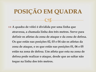 POSIÇÃO EM QUADRA
                           
 A quadra de vôlei é dividida por uma linha que
  atravessa, a chamada linha dos três metros. Serve para
  definir os atletas da zona de ataque e da zona de defesa.
  Os que estão nas posições 02, 03 e 04 são os atletas da
  zona de ataque, e os que estão nas posições 01, 06 e 05
  estão na zona de defesa. Um atleta que esta na zona de
  defesa pode realizar o ataque, desde que ao saltar não
  toque na linha dos três metros.
 