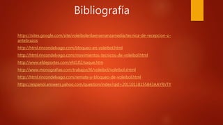 Bibliografía
https://sites.google.com/site/voleibolenlaensenanzamedia/tecnica-de-recepcion-o-
antebrazos
http://html.rincondelvago.com/bloqueo-en-voleibol.html
http://html.rincondelvago.com/movimientos-tecnicos-de-voleibol.html
http://www.efdeportes.com/efd102/saque.htm
http://www.monografias.com/trabajos36/voleibol/voleibol.shtml
http://html.rincondelvago.com/remate-y-bloqueo-de-voleibol.html
https://espanol.answers.yahoo.com/question/index?qid=20110118155843AAYRVTY
 