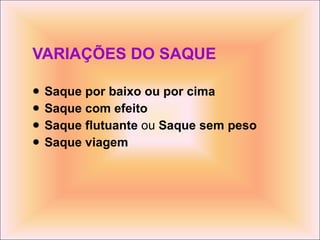 VARIAÇÕES DO SAQUE Saque por baixo ou por cima   Saque com efeito   Saque flutuante  ou  Saque sem peso Saque viagem   