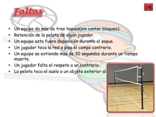  Un equipo da más de tres toques(sin contar bloqueo).
 Retención de la pelota de algún jugador.
 Un equipo esta fuera deposición durante el saque.
 Un jugador toca la red o pisa el campo contrario.
 Un equipo se extiende mas de 30 segundos durante un tiempo
  muerto.
 Un jugador falta el respeto a un contrario.
 La pelota toca el suelo o un objeto exterior al campo.
 