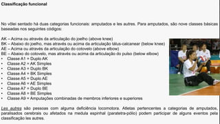 Título e layout do conteúdo com gráfico
Classificação funcional
No vôlei sentado há duas categorias funcionais: amputados e les autres. Para amputados, são nove classes básicas
baseadas nos seguintes códigos:
AK – Acima ou através da articulação do joelho (above knee)
BK – Abaixo do joelho, mas através ou acima da articulação tálus-calcanear (below knee)
AE – Acima ou através da articulação do cotovelo (above elbow)
BE – Abaixo do cotovelo, mas através ou acima da articulação do pulso (below elbow)
• Classe A1 = Duplo AK
• Classe A2 = AK Simples
• Classe A3 = Duplo BK
• Classe A4 = BK Simples
• Classe A5 = Duplo AE
• Classe A6 = AE Simples
• Classe A7 = Duplo BE
• Classe A8 = BE Simples
• Classe A9 = Amputações combinadas de membros inferiores e superiores
Les autres são pessoas com alguma deficiência locomotora. Atletas pertencentes a categorias de amputados,
paralisados cerebrais ou afetados na medula espinhal (paratetra-pólio) podem participar de alguns eventos pela
classificação les autres.
 