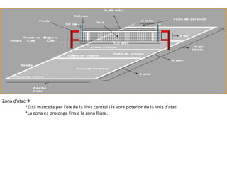 Zona d’atac
           *Està marcada per l’eix de la línia central i la vora poterior de la línia d’atac.
           *La zona es prolonga fins a la zona lliure.
 