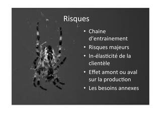 •  Chaine	
  
d‘entrainement	
  
•  Risques	
  majeurs	
  
•  In-­‐élas:cité	
  de	
  la	
  
clientèle	
  
•  Eﬀet	
  amont	
  ou	
  aval	
  
sur	
  la	
  produc:on	
  
•  Les	
  besoins	
  annexes	
  
Risques	
  
 