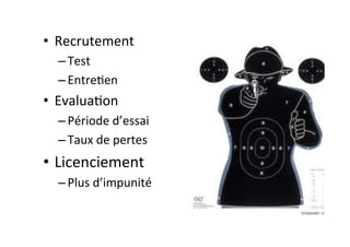 •  Recrutement	
  
– Test	
  
– Entre:en	
  
•  Evalua:on	
  
– Période	
  d’essai	
  
– Taux	
  de	
  pertes	
  	
  
•  Licenciement	
  
– Plus	
  d’impunité	
  
 