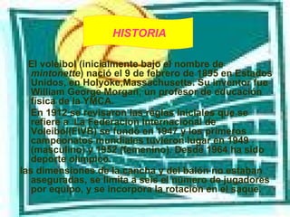 El voleibol (inicialmente bajo el nombre de
mintonette) nació el 9 de febrero de 1895 en Estados
Unidos, en Holyoke,Massachusetts. Su inventor fue
William George Morgan, un profesor de educación
física de la YMCA.
En 1912 se revisaron las reglas iniciales que se
refiere a La Federación Internacional de
Voleibol(FIVB) se fundó en 1947 y los primeros
campeonatos mundiales tuvieron lugar en 1949
(masculino) y 1952 (femenino). Desde 1964 ha sido
deporte olímpico.
las dimensiones de la cancha y del balón no estaban
aseguradas, se limita a seis el número de jugadores
por equipo, y se incorpora la rotación en el saque.
HISTORIA
 