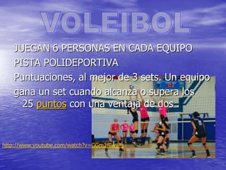 JUEGAN 6 PERSONAS EN CADA EQUIPO
PISTA POLIDEPORTIVA
Puntuaciones, al mejor de 3 sets. Un equipo
gana un set cuando alcanza o supera los
25 puntos con una ventaja de dos .

http://www.youtube.com/watch?v=GGm3jTwjjYs

 