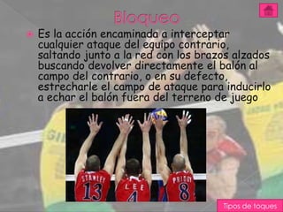    Es la acción encaminada a interceptar
    cualquier ataque del equipo contrario,
    saltando junto a la red con los brazos alzados
    buscando devolver directamente el balón al
    campo del contrario, o en su defecto,
    estrecharle el campo de ataque para inducirlo
    a echar el balón fuera del terreno de juego




                                        Tipos de toques
 