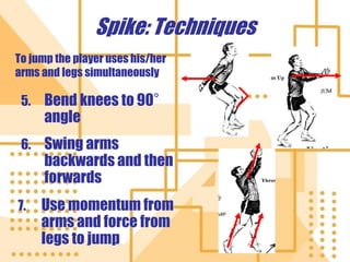 Spike: Techniques
To jump the player uses his/her
arms and legs simultaneously
6. Swing arms
backwards and then
forwards
7. Use momentum from
arms and force from
legs to jump
5. Bend knees to 90°
angle
 