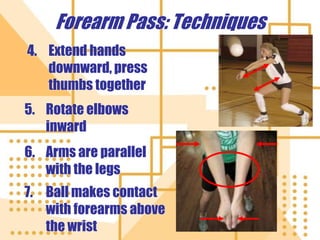 Forearm Pass: Techniques
4. Extend hands
downward, press
thumbs together
5. Rotate elbows
inward
6. Arms are parallel
with the legs
7. Ball makes contact
with forearms above
the wrist
 