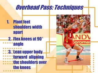 Overhead Pass: Techniques
1. Plant feet
shoulders width
apart
2. Flex knees at 90°
angle
3. Lean upper body
forward aligning
the shoulders over
the knees
 