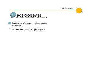 U.D. VOLEIBOL
POSICIÓN BASE1
Las piernas ligeramente flexionadas
y abiertas.
En tensión, preparado para actuar.
Los desplazamientos son rápidos y
 