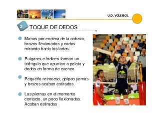 TOQUE DE DEDOS2
Manos por encima de la cabeza,
brazos flexionados y codos
mirando hacia los lados.
Pulgares e índices forman un
U.D. VOLEIBOL
Pulgares e índices forman un
triángulo que apuntan a pelota y
dedos en forma de cuenco
Pequeño retroceso, golpeo yemas
y brazos acaban estirados.
Las piernas en el momento
contacto, un poco flexionadas.
Acaban estiradas
 